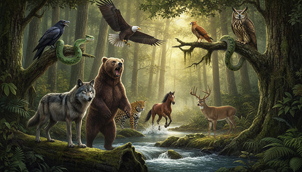 Power animals: wolf, bear, eagle, snake, hawk, raven, jaguar, deer, owl, horse.