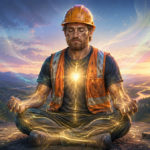 A construction worker is taking a break for meditation, focusing his energy on his chest.