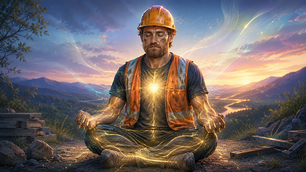 A construction worker is taking a break for meditation, focusing his energy on his chest.