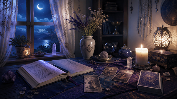 Spiritual reading table with tarot cards, crystals, candles, an open journal, lavender, and moonlight by the window, symbolizing how psychic readings and life questions evolve with time.