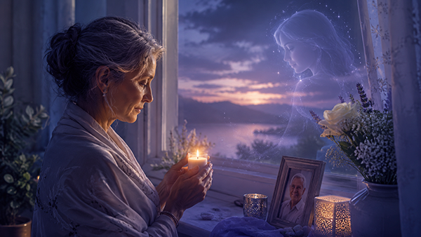 Spiritual illustration of a grieving woman holding a candle beside a framed photo, with the soft presence of a loved one’s soul near the window, symbolizing comfort, remembrance, and the feeling that departed souls are still close.
