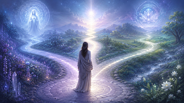 Spiritual illustration of a woman standing at a forked luminous path, surrounded by nature, sacred light, and guiding symbols, representing life choices, intuitive direction, and following the right spiritual path.
