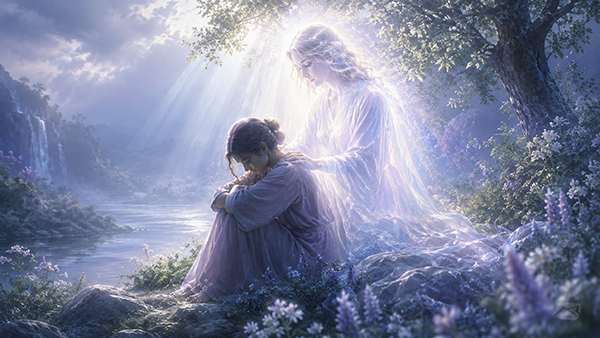 Spiritual illustration of a grieving woman sitting by a peaceful river while a luminous protective soul gently comforts her, symbolizing angelic support, healing, and loving presence through grief.