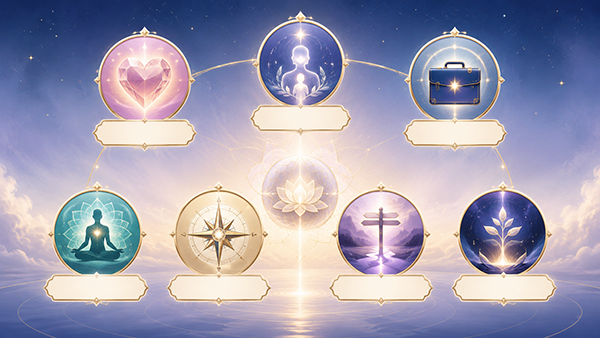 Spiritual illustration showing common psychic reading topics such as love, inner guidance, career direction, meditation, purpose, life crossroads, and healing, represented through glowing symbolic icons.