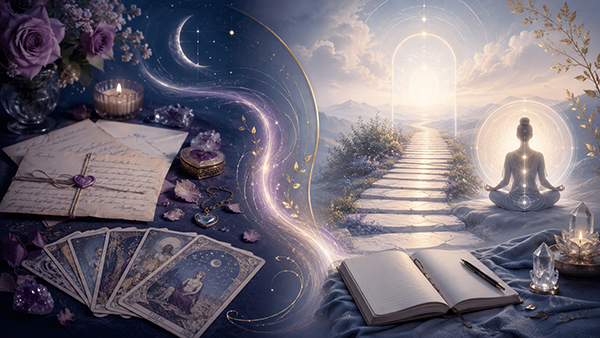Spiritual illustration blending tarot cards, handwritten letters, moonlight, meditation, and a glowing path, symbolizing the evolution from love questions toward purpose, inner clarity, and spiritual direction.