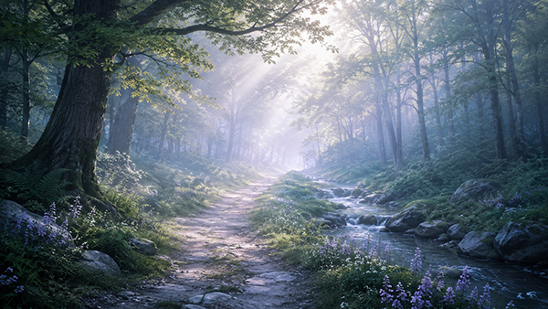 Peaceful forest path with soft sunlight, a gentle stream, flowers, and mist, symbolizing healing after grief, emotional recovery, and the gradual return of light and peace.