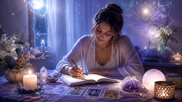 Spiritual illustration of a woman journaling after a psychic reading, surrounded by tarot cards, candles, crystals, moonlight, and soft energy, symbolizing reflection, intuitive guidance, and emotional clarity.