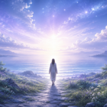 Spiritual landscape of a person walking toward radiant light across a peaceful coastal path, surrounded by mountains, flowers, clouds, and soft cosmic light, symbolizing balance, clarity, inner peace, and the soul’s direction.