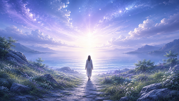 Spiritual landscape of a person walking toward radiant light across a peaceful coastal path, surrounded by mountains, flowers, clouds, and soft cosmic light, symbolizing balance, clarity, inner peace, and the soul’s direction.