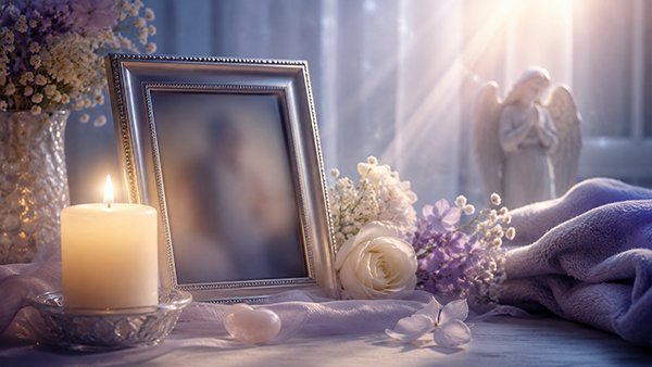 Spiritual grief scene with a candle, flowers, angel statue, heart crystal, and framed photo of a loved one, symbolizing remembrance, connection, comfort, and messages from the other side.