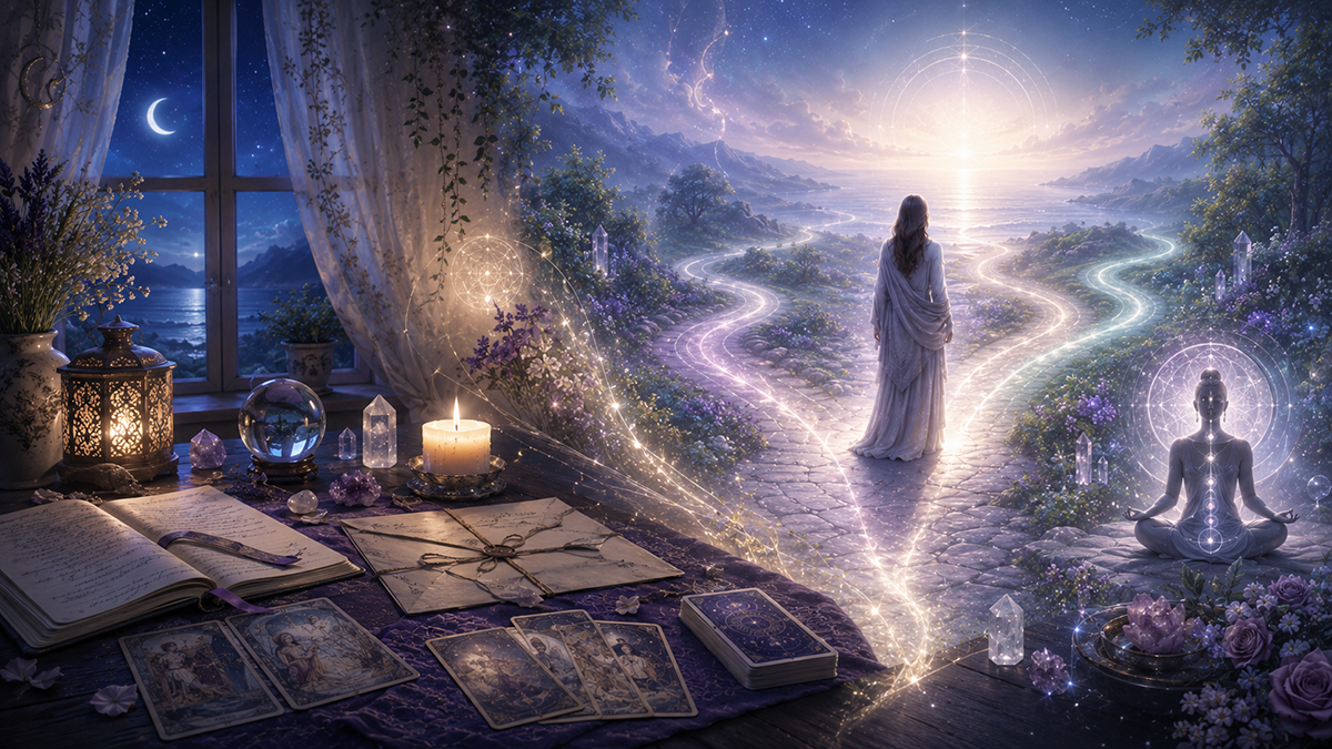 Spiritual illustration of a psychic reading table with tarot cards, crystals, candles, and journals opening into glowing life paths, symbolizing how people’s questions evolve over time toward purpose, healing, and spiritual direction.