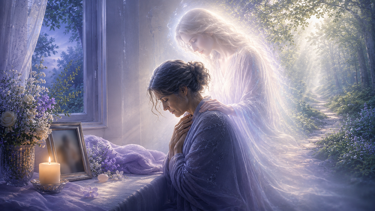Spiritual illustration of a grieving woman receiving gentle angelic support beside a candle, flowers, and a framed photo, with a peaceful forest path symbolizing healing, comfort, and guidance through grief.
