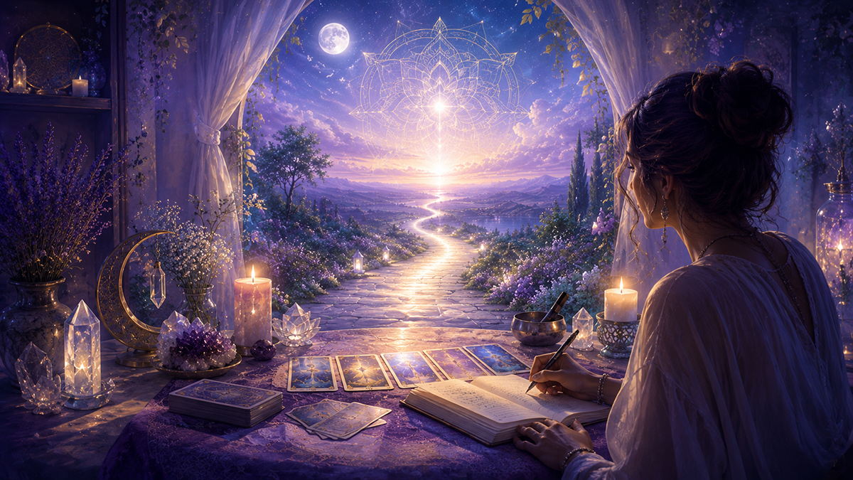 Spiritual illustration of a woman journaling beside tarot cards, candles, crystals, and moonlight, looking toward a glowing path that symbolizes psychic guidance, life questions, and spiritual clarity.
