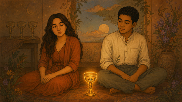 Two people are looking at each other with some sadness. A glowing cup in the middle seems to not draw the attention.