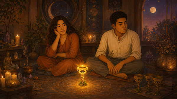 Two spiritual people are sitting together at the same desk. They both seem distracted and disconnected from the session.