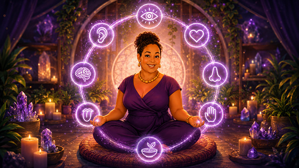 A spiritual enlightened lady in lotus position is surrounded by the symbologies representing each of the 8 clair abilities. This is for an article about the 8 clairs psychic abilities.