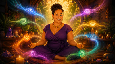 A spiritual lady showing her happiness because she is using her clairs psychic abilities, represented in different colors. This is for an article about the 8 clairs psychic abilities.