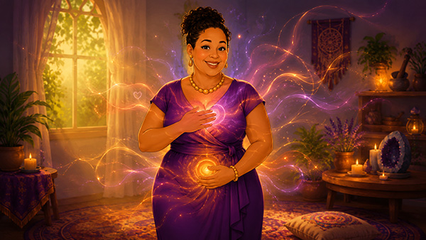 A spiritual sensitive lady has energy in both her heart and sacral chakras, noticing these waves moving around her body and the room. This is for an article about the 8 clairs psychic abilities.