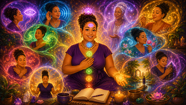 A delightful lady open spiritually and perceiving her 8 clairs psychic abilities represented by physical sense perception images. This is for an article about the 8 clairs psychic abilities.