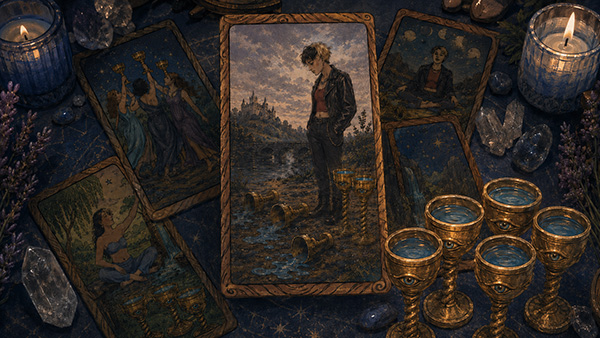 A mystical tarot table featuring several illustrated cards, candles, crystals, and golden cups, with the Five of Cups card placed prominently in the center.