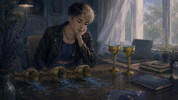 A melancholic indoor Five of Cups tarot-inspired scene showing a young person at a desk with three spilled golden cups and two upright cups, surrounded by books, crystals, and soft window light.