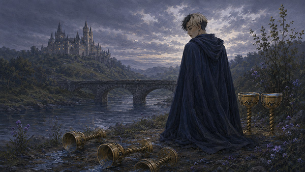 A cloaked person stands beside three spilled golden cups while two cups remain upright near a river, bridge, and distant castle under a stormy grey sky.