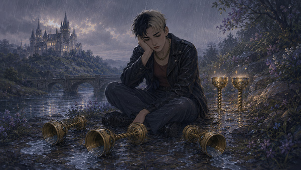 A rain-soaked Five of Cups tarot scene with a sad young person sitting beside three spilled golden cups, while two upright cups glow behind them near a river, bridge, and distant castle.