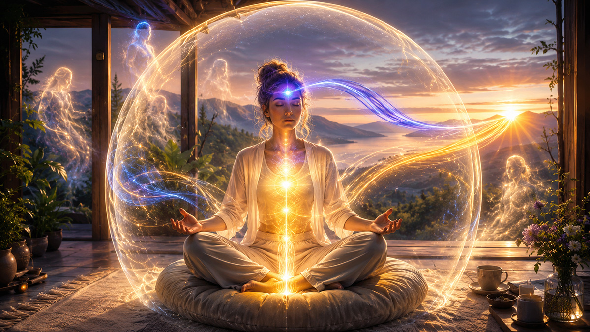 A woman experiencing a profound healing and protection while intuition expands.