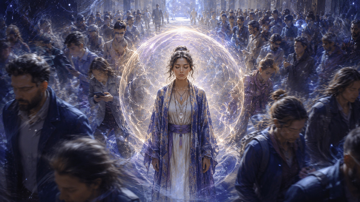 A peaceful spiritual woman stands centered in a busy crowd, protected by a glowing white and golden energy bubble, remaining calm and grounded while people move around her.