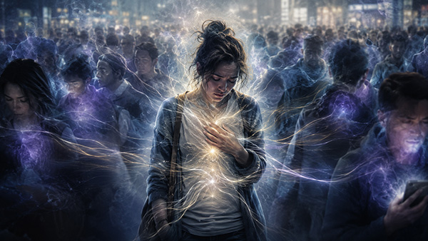 A sensitive woman stands overwhelmed in a crowded city, surrounded by glowing emotional energy threads and bright chakra-like light flowing through her body.