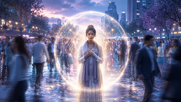 A peaceful woman stands in a glowing protective light bubble in the middle of a busy city crowd at twilight.