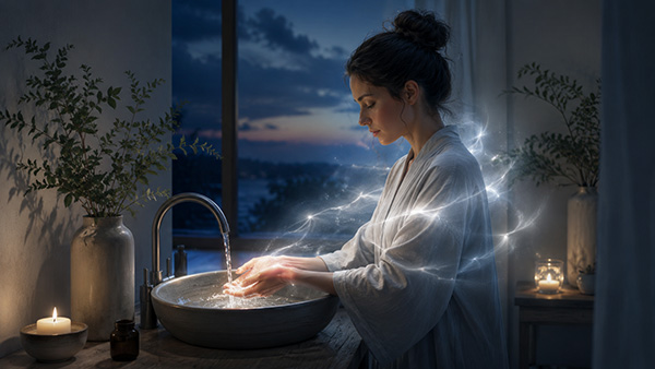 A woman washes her hands in a softly lit sink at night, surrounded by gentle white energy symbolizing spiritual cleansing.
