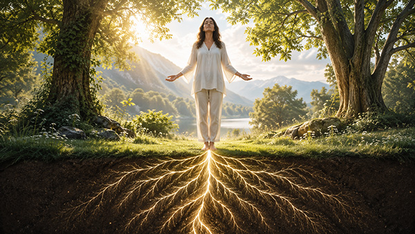 A woman stands barefoot on grass between two trees, with glowing roots of light extending from her feet into the Earth.