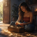 Woman sitting beside a wooden box and looking at old photographs scattered across the floor in warm morning light.