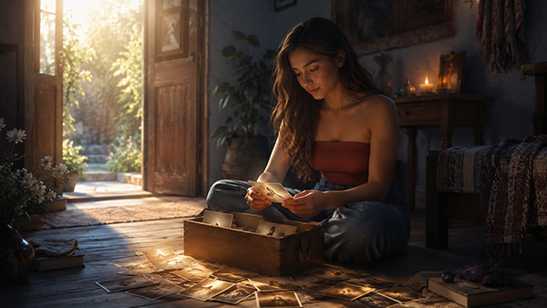 Woman sitting beside a wooden box and looking at old photographs scattered across the floor in warm morning light.