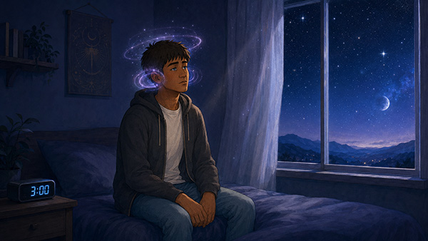 Young man looking toward several constellations above a lake beneath a deep blue night sky.