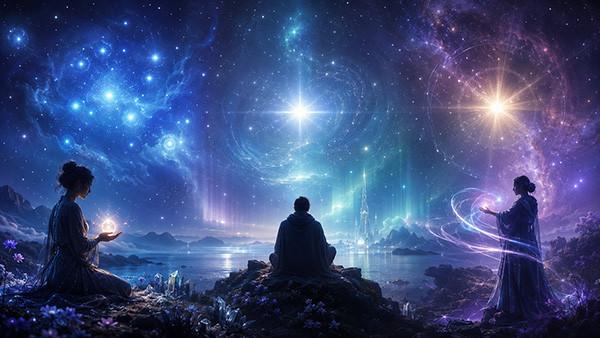 Three people surrounded by blue, turquoise, and violet cosmic environments representing different.