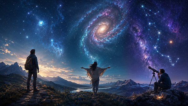Three travelers beneath a vast cosmic sky, including a hiker, a woman opening her arms, and a person using a telescope.