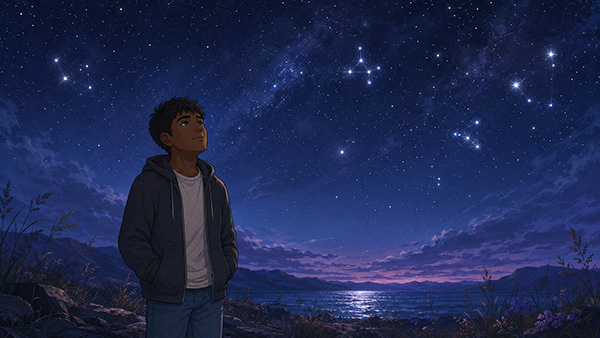 Young man looking toward several constellations above a lake beneath a deep blue night sky.