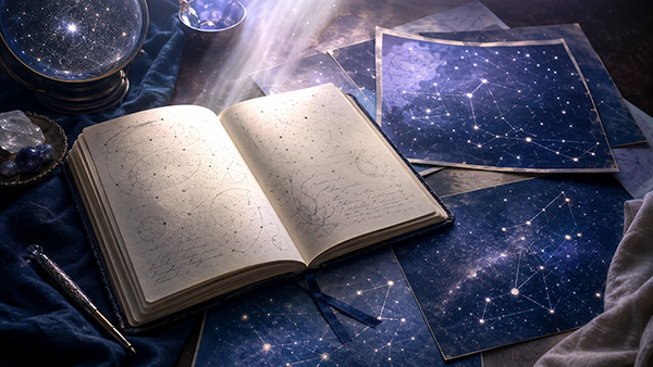 Open journal with celestial drawings beside star maps, crystals, a pen, and a glowing sphere.