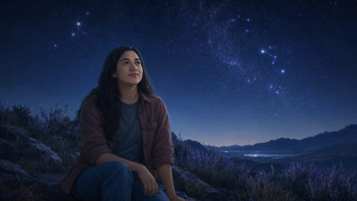 Woman sitting beneath a deep blue night sky filled with stars and distant constellations.