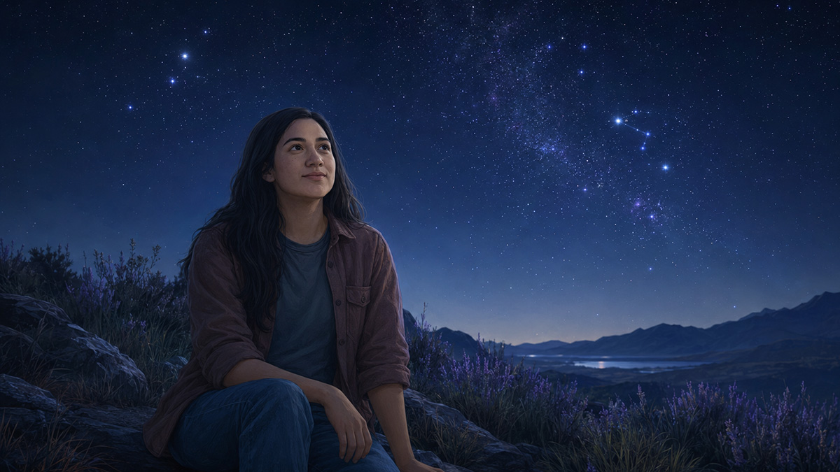 Woman sitting beneath a deep blue night sky filled with stars and distant constellations.