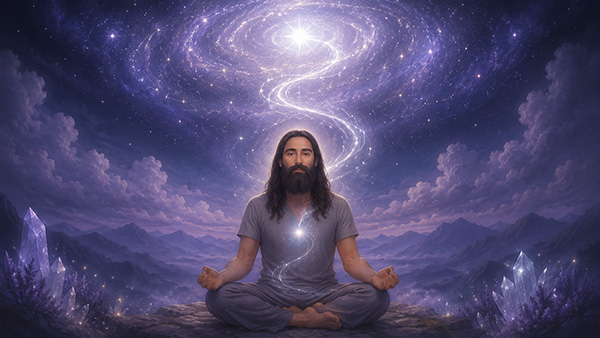 A long-haired bearded man sits meditating cross-legged on a mountain ledge while a stream of white light rises from his chest toward a luminous spiral galaxy above, surrounded by crystals and a purple night sky.