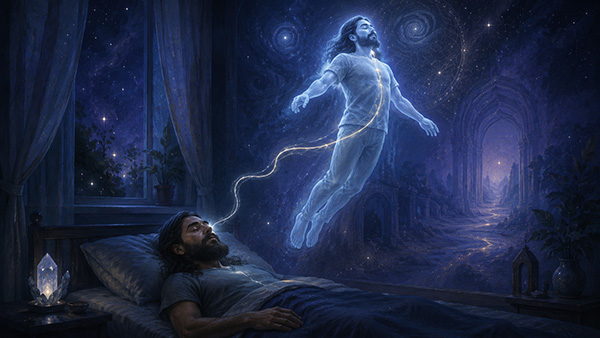A bearded man sleeps in bed in a dim blue bedroom while his glowing astral body rises above him, connected by a silver cord, with a cosmic night sky visible through the window and soft candlelight nearby.