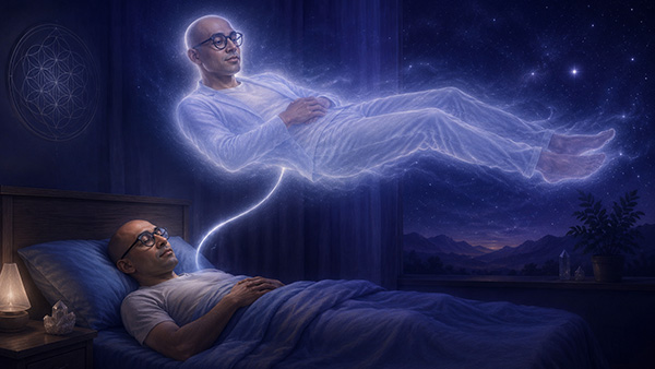 A bald man with glasses lies asleep in bed while his luminous astral form floats horizontally above him, connected by a silver cord, inside a dark blue bedroom with a starry night visible through the window.