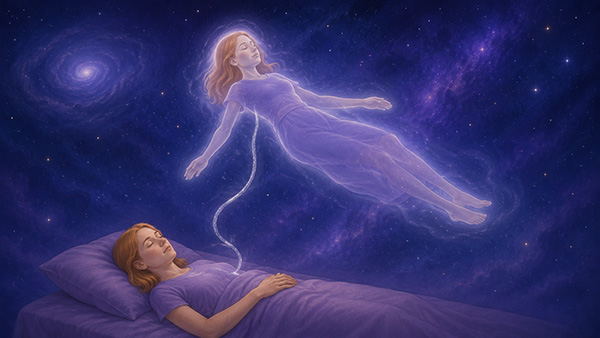A red-haired woman lies asleep in a purple bed while her translucent astral body floats above her in cosmic space, connected by a glowing silver cord, surrounded by stars and spiral galaxies.