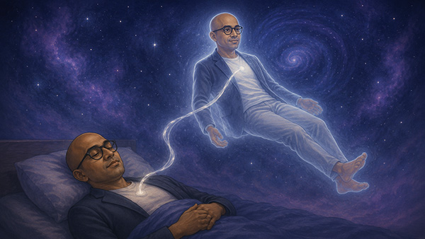 A bald man wearing glasses sleeps in bed while his glowing astral form floats above him in a seated position, connected by a silver cord, against a purple star-filled background with spiral galaxies.
