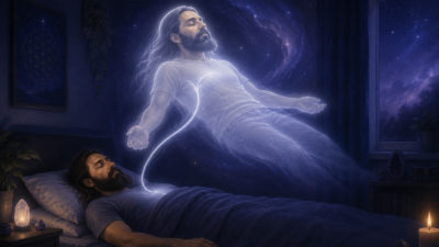A bearded man sleeps peacefully in bed while a glowing astral version of him rises above his body, connected by a silver cord, in a deep blue room filled with stars, arches, and mystical light.