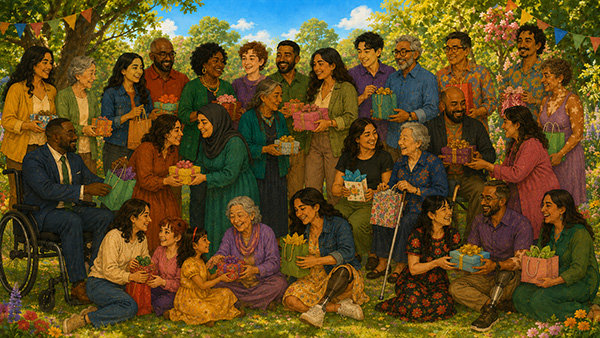 Se ve a mucha gente de diferentes razas, géneros y orientaciones, así como a algunas personas con discapacidad, celebrando juntas con alegría.