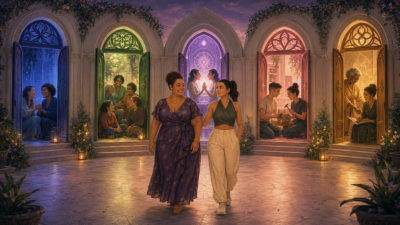Two women walking arm in arm before five illuminated archways containing pairs and groups of people.